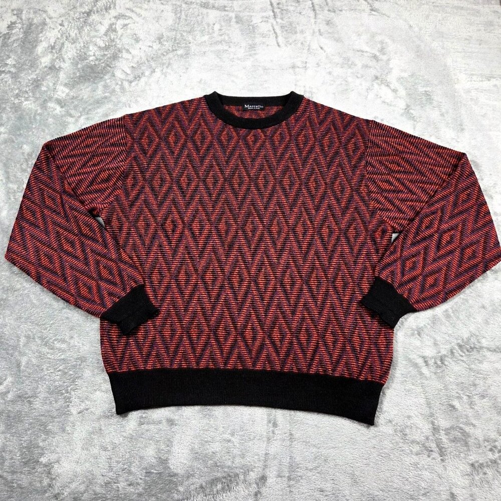 Marcello Sweater Mens Medium Orange Geometric Merino Wool Blend Biggie Cosby
